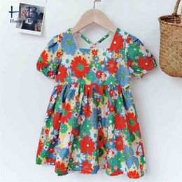 Girls Dress Summer Puff-Sleeve Floral printed Backless Holiday Style Princess Toddler Kids Clothes 210611