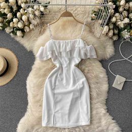 Beading Spaghetti Strap Off Shoulder Ruffles Mini Bodycon Dress Women Summer Sexy Party White Black Chic Vestidos 210603