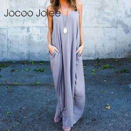 Jocoo Jolee Summer Strap Sleeveless Cotton Loose Long Dress Fashion Big Pocket Maxi Dress Female Irregular Beach Dress 5XL 210619