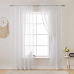 White Voile Curtain For Living Room Modern Tassel Drape Sheer Curtain Solid Ball Pompom Tulle Curtains Home Bedroom Decor D30 210913