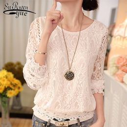 2021 Fashion White Lace Blouse Women Shirt Long Sleeve Hollow Lace Women Shirts Chiffon Blouses Women's Clothing Blusas 51C 30 210225