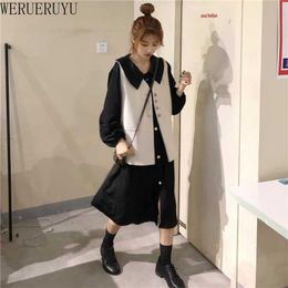 WERUERUYU Korea Styles Turn-down Collar Single Breasted Loose Long Polyester Shirt Dress Female 210608