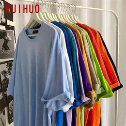 RUIHUO Summer Solid Cotton T-Shirt Men Short Sleeve Casual Tops Fashion Male Funny Tshirt T Shirt Plus Size M-2XL 210706