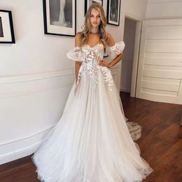 Off Shoulder A Line Lace Wedding Dresses Bridal Gowns with Appliques Sweep Train Tulle Boho Beach Bride Dress Plus Size M193