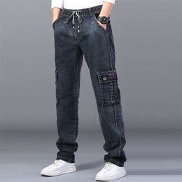 Men's High Waist Jeans Straight Large Size Dinem Trouser Male Black Side Multi Pocket Blue Loose Elastic Band Cargo Pants 211108