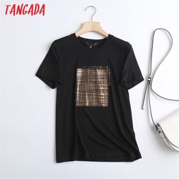 Tangada Women Black Letter Golden Print Cotton T Shirt Short Sleeve Tees Ladies Casual Tee Street Wear Top 6D04 210720