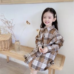 Girls Shirt Skirt Autumn New Style Children Clothing Toddler Kids Plaid Sanding Dress Cool Little Kids Long Sleeve Blouses 210306