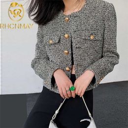 Autumn Winter Women Tweed Jacket Vintage Button Up Long Sleeve O-Neck Pocket Designer Brand Elegant Lady Coat Tops Clothing 211014
