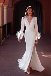 Elegant Evening Dresses V-Neck Long Sleeves Feather Race Side-split Women Formal Stunning Floor Length Prom Dress Robe De Mariée Custom Made