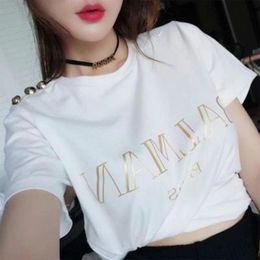 Summer New Fashion Brand Gold Buckle T-shirt, Printed Gold Letters Black and White, Cotton Shoulder Badge Bottoming Shirt 210306