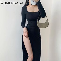 Casual Dresses WOMENGAGA Sexy Fashion Slim Low Chest Square Collar Split Legs Light Ripe Temperament High Waist Leg Long Dress REKJ