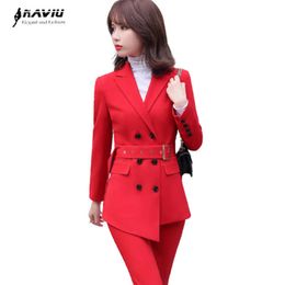 Red Pants Suit Fashion High-End Business Temperament Formal Long Sleeve Slim Blazer Sets Office Ladies Work Wear 210604