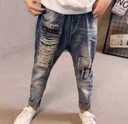 Boys Pants Spring Autumn Ripped Hole Jeans Elastic Waist Kids Long Trousers Denim Children Clothes Teen Boy Casual Pencil Pant G1220