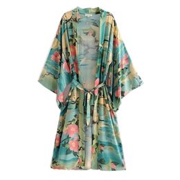 Bohemian V neck Crane Lotus Flower Print Long Kimono Shirt Ethnic Lacing up With Sashes Long Cardigan Loose Blouse Tops 210225