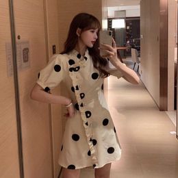 Dresses Summer Fashion Retro Elegant Slim Stand Black White Polka Dot Cheongsam Dress Mini Short Sleeve Puff Vestido Korean 210610