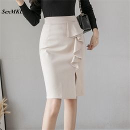 Plus Size High Waist Black Skirts Women Fashion Ruffles Bodycon Sexy Elegant Korean Clothes Office Lady Pencil 210619