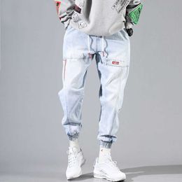 Baggy Jeans Men Blue Black Ripped Jeans Hip hop Streetwear Harem Ankle length Denim Pants Elastic Waist Casual Trousers X0621