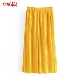 Tangada Women Yellow Pleated Midi Skirt Faldas Mujer Vintage Strethy Waist Ladies Elegant Chic Mid Calf Skirts 3W111 210609