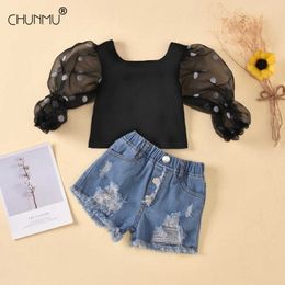 Toddler Baby Girls Clothes Summer Kids Fashion Lace Dot Print Top + Hole Jeans 2pcs Casual Outfit Sets X0902