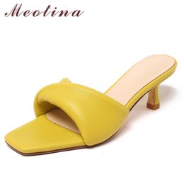 Meotina Slippers Shoes Women Genuine Leather Sandals High Heel Square Toe Sandals Thin Heel Cow Leather Ladies Footwear Summer 210608
