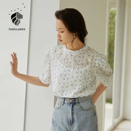 FANSILANEN Office Lady Hollow Embroidered Lace White Top Women's Summer Style Puff Sleeve Floral Retro Chiffon Shirt 210607