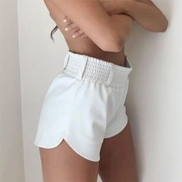 Elastic High Waist White PU Shorts Women Loose Faux Leather Runner Summer Streetwear Sexy Wide Leg For 210621