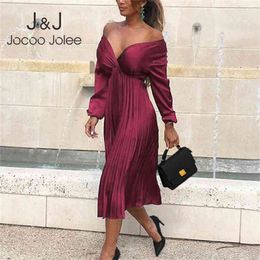 Jocoo Jolee Long Dress Women Elegant Off Shoulder V Neck Satin Pleated Midi Dress Spring Summer Simple Fake Silk Dress Vestidos 210806
