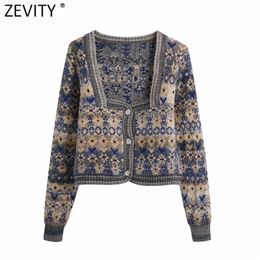 Zevity Women Vintage Square Collar Flower Print Jacquard Knitting Sweater Female Long Sleeve Chic Cardigans Coat Tops S652 210914