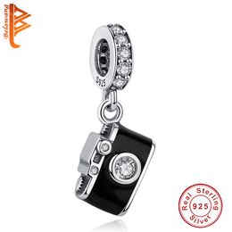 Fashion 925 Sterling Silver Beads Black Enamel Crystal Camera Charms fit Original Pandora Bracelet Women DIY Jewellery Accessories Q0531