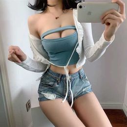 Nightclub sexy hollow strapless short tube top women high waist mini street club clothes 210604