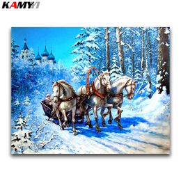 KAMY YI 5d Diy Painting Cross Stitch Christmas Horse Snow Scene Mosaic Picture Diamond Embroidery Home Decoration Gift