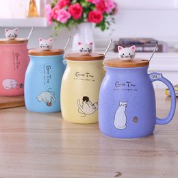 Coffee Mugs Cat Ceramic Cups With Spoon Lid Cartoon Girls Fashion Milk Mug Heat Resistant Student Drink ware 4 Colours Wholesale WLL320