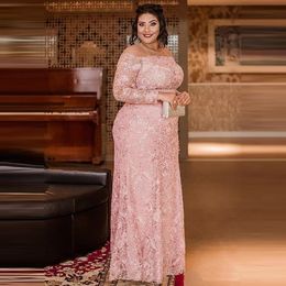 Sexy Pink Mother Of The Bride Dresses Jewel Neck Illusion Long Sleeves Mermaid Full Lace Floor Length Plus Size Evening Gowns Wedding Guest Dress