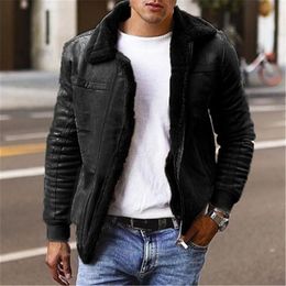 Jackets European and American men's plus size frosted velvet plain composite leather jacket thick coat