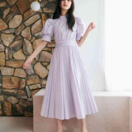 Chic Bow Design Summer Dress Sweet Puff Short Sleeve Pleated Dresses for Women Stand Collar Bandage Vestidos Mujer 210525