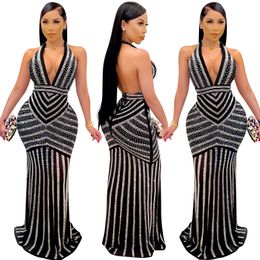 Fashion sexy V-neck women Sequins dress summer Women's rhinestone design Backless Dresses beautiful Nightclub Party tight Net yarn shirts plus size womens clothing