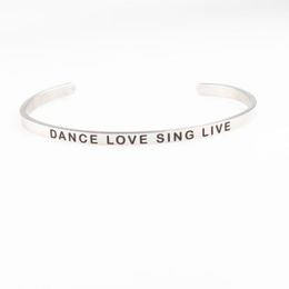 Bangle Personalised Mantra Bracelet Custom Name Bracelet,Stamped DANCE LOVE SING LIVE 4MM Bar Stainlless Steel Open Cuff