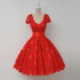 Red Full Lace Short Dresses Western Country Style Scoop Neck Cap Sleeves Homecoming Tail Gown 328 328
