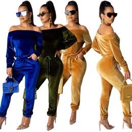 Womens Korean Velvet Sexy Tracksuits Fashion Strapless Tops Drawstring Trousers Casual Outfits Designer Female Winter Velvets Two Piece Sets