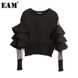 [EAM] Spring Round Neck Long Sleeve Solid Color Gauze Split Joint Loose Sweatshirt Women Fashion JC509 210910