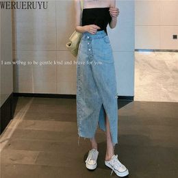 WERUERUYU Single Breasted Knee Length Denim Skirt Women Streetwear Casual Pocket High Waist Straight Jeans Skirt 210608