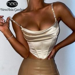 NewAsia Ruched Corset Top Boning Pads Diamond Straps 2 Layer Elastic Zipper Sexy Cami Top Summer Bustier Woman Casual Streetwear 210308