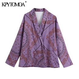KPYTOMOA Women Fashion Double Breasted Print Loose Wrap Blouses Vintage Long Sleeve Pockets Female Shirts Blusas Chic Tops 210225