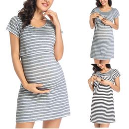 Summer Multifunctional Breastfeeding Short-sleeved Dress For Pregnant Women O-neck striped dress mother breastfeeding dress Q0713