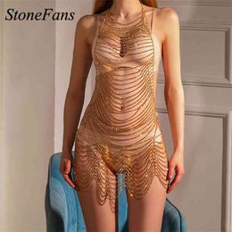 Stonefans Rhinestone suit Dance Lingerie Long Beach Wear Crystal Dress Full Sex Body Chain Hollow Out Skirt