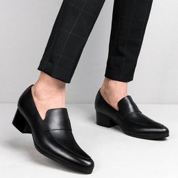 New Classic Genuine Leather Men's High Heel (5cm) Casual Loafers Pointed Toe Slip on Comfortable Man Penny Office Shoes