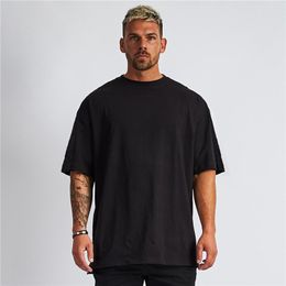 Mens Loose Oversized Fit Short Sleeve T-shirt With Dropped Shoulder Retro Fitness T Shirt Summer Gym Bodybuilding Tops Tees 210706