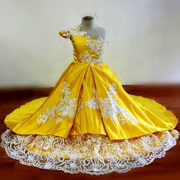 100% Real Images Yellow Girl's Pageant Dresses One Shoulder Sequins Beads Lace Satin Flower Girl Dresse For Wedding Girls Birthday Dress