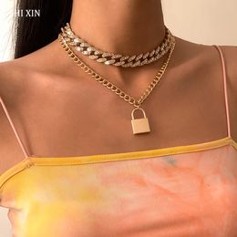 SHIXIN Thick Cuban Link Iced Out Chain Necklace Choker with Lock Pendnat Necklace for Women Chunky Rhinestones Necklaces Hip Hop