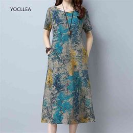 Cotton Linen Summer Dress Women Loose Plus size Casual Dress OL work Wear vintage Print beach Sundress dresses vestidos 210630